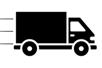 Black silhouette of a delivery truck with speed lines on a white background
