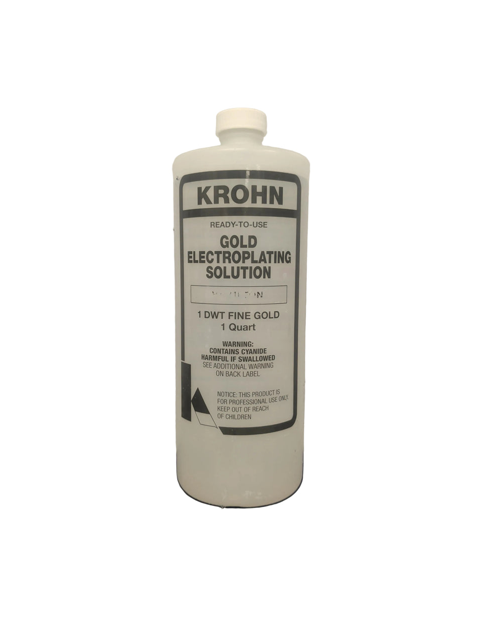 Bottle of Krohn gold electroplating solution on a gray background