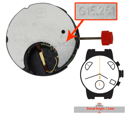 ETA G15.261 Quartz Chronograph Movement, Date at 6