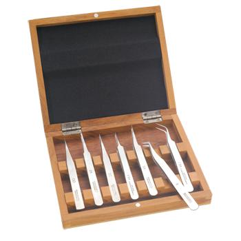 Tweezer Steel Set Of 7 In A Wooden Box