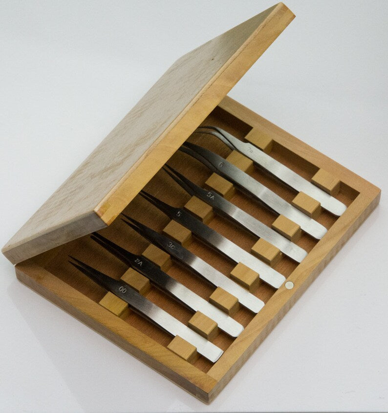 Tweezer Steel Set Of 7 In A Wooden Box